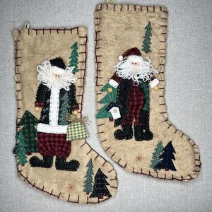 Set of 2 Vintage 3D Applique Felt Christmas Stockings Santa Country Cottage